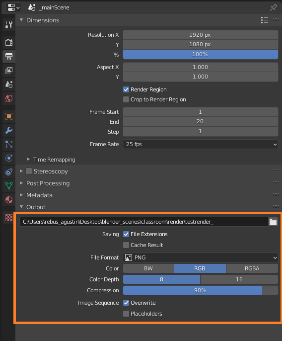 Configuration du rendu 3D pour Blender avec Cycles CPU - Options Output