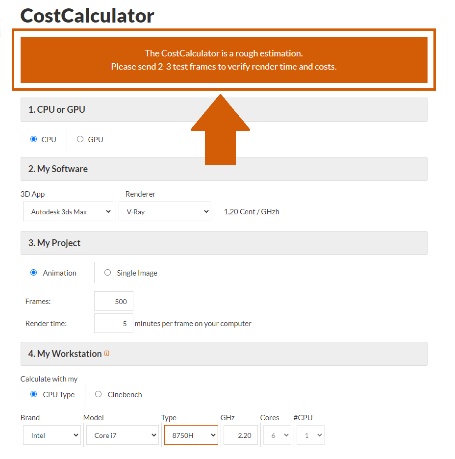 Renderfarm CostCalculator Hinweis ein paar Testbilder zu senden