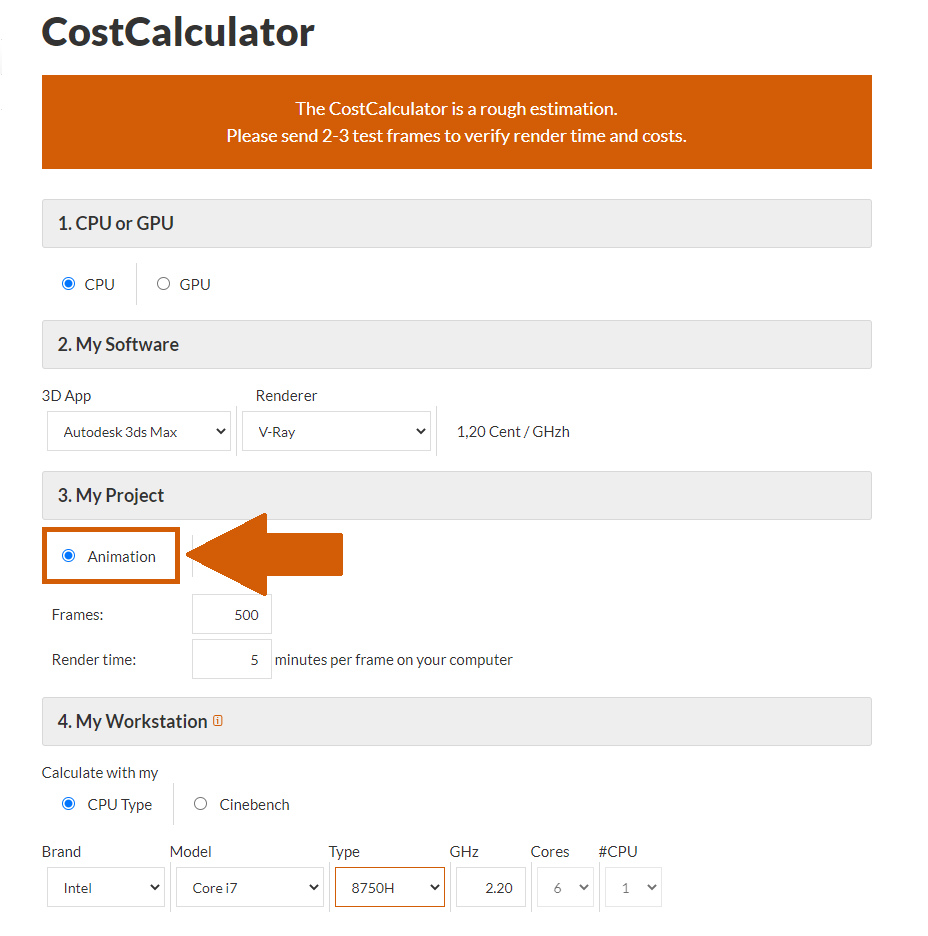 Renderfarm CostCalculator Animation Auswahl
