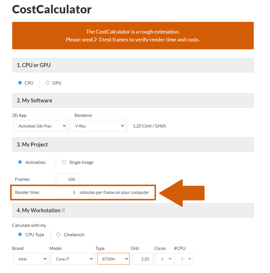 Renderfarm CostCalculator Renderzeit Auswahl