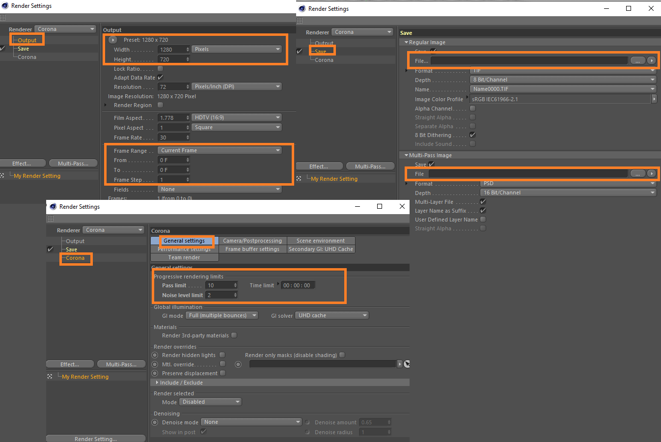 3D Render Setup for Cinema 4D with Corona Renderer -file output options