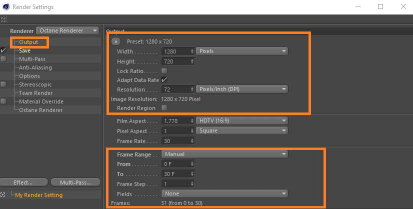 octane render settings