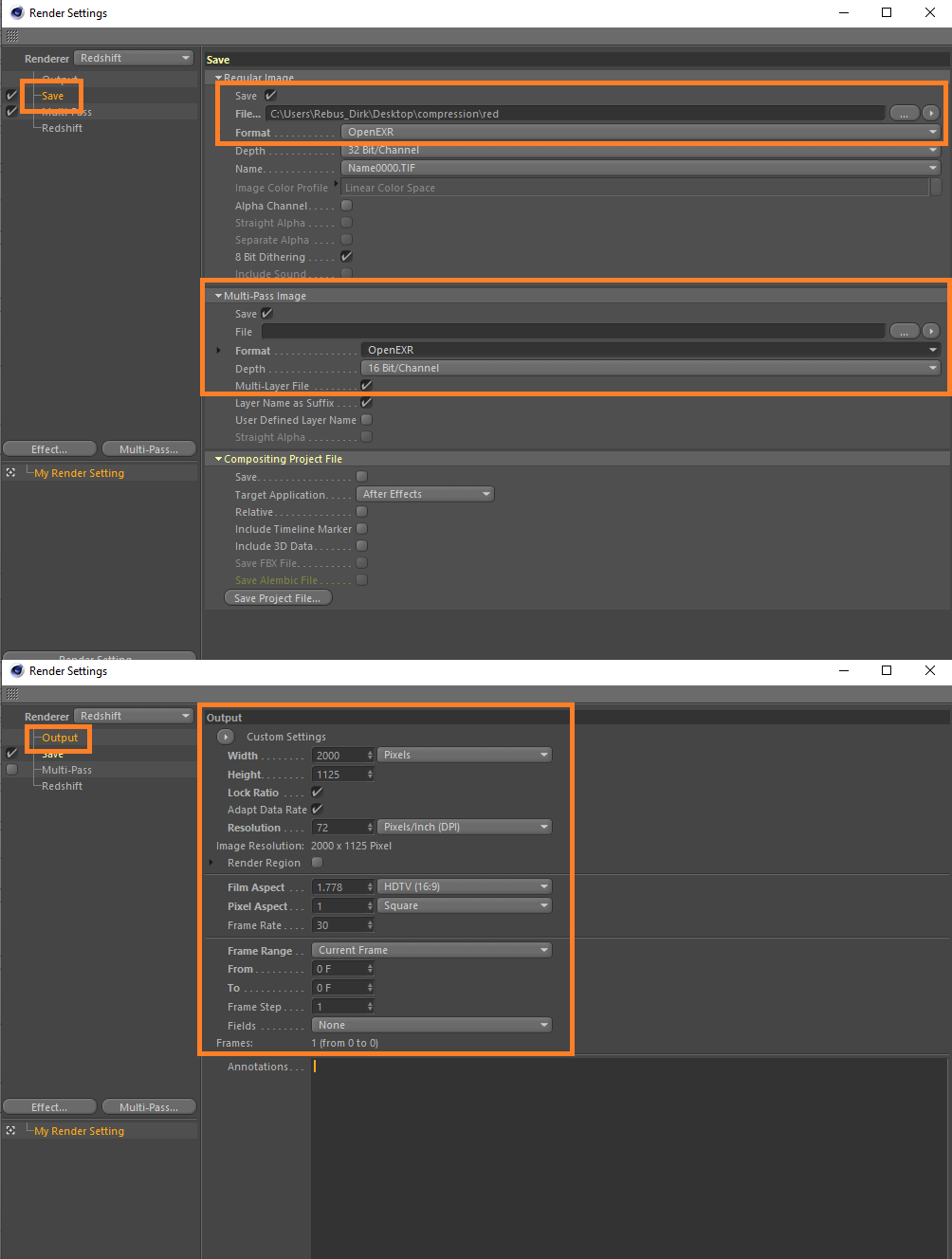 Configuración de renderizado 3D para Cinema 4D con Redshift Renderer - opciones de salida