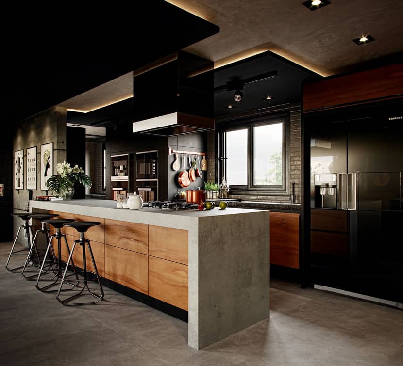 full shot of the rendered modern kitchen